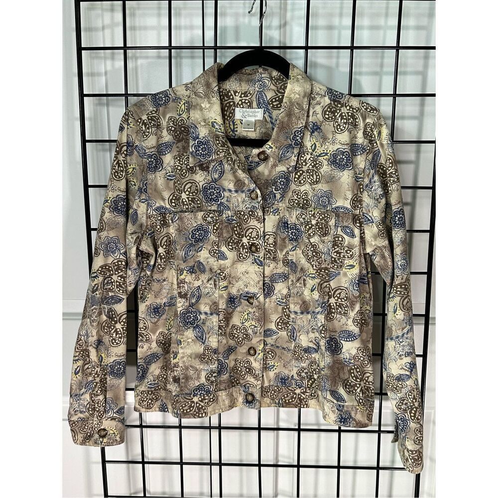 Christopher & Banks Denim Khaki Paisley Jean Jacket Womens M‎ Tan Cottagecore